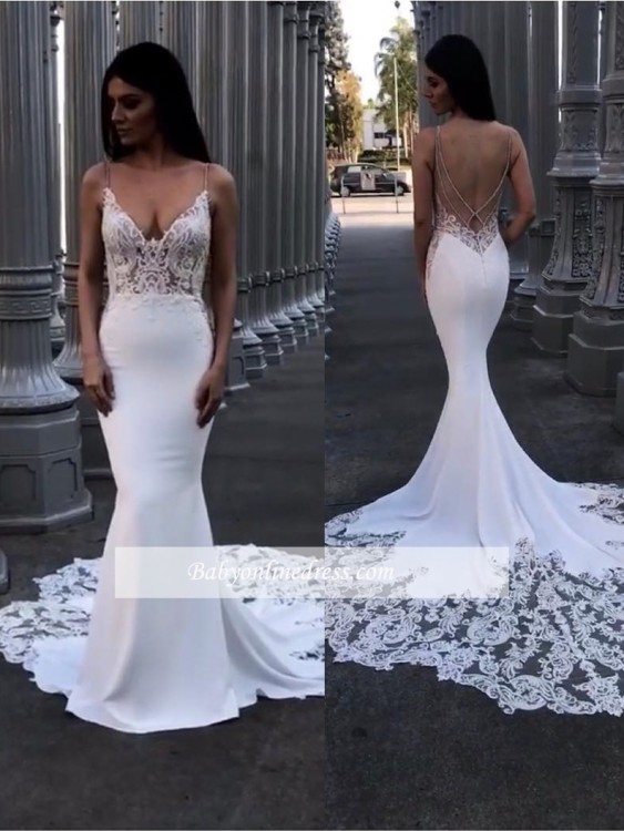 Sexy Spaghetti Straps Beach Wedding Dress Cheap Long Chiffon Bridal Gowns Backless Lace Appliqued Sheath Wedding Gowns Wedding Gowns Wedding Dresses